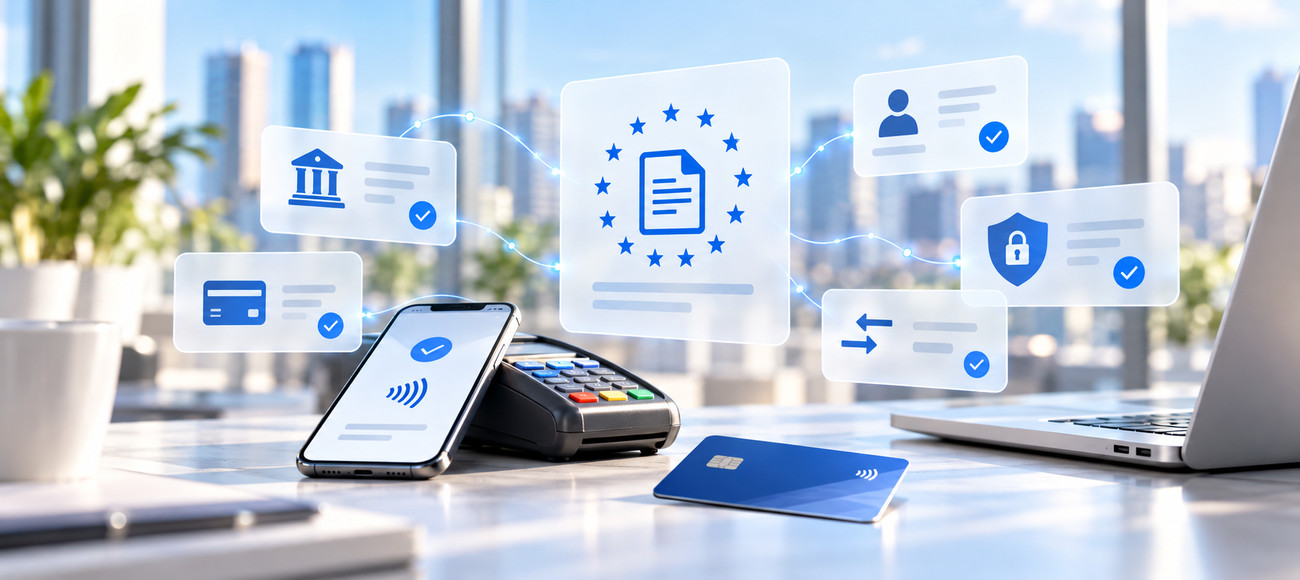 Contactless payment terminal and smartphone with EU payment security and PSD2 compliance icons.