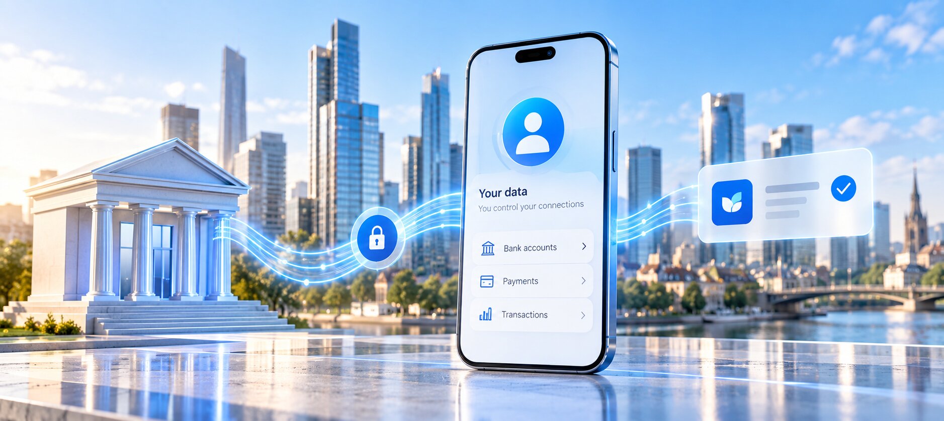 Smartphone displaying secure bank account data sharing through open banking APIs.