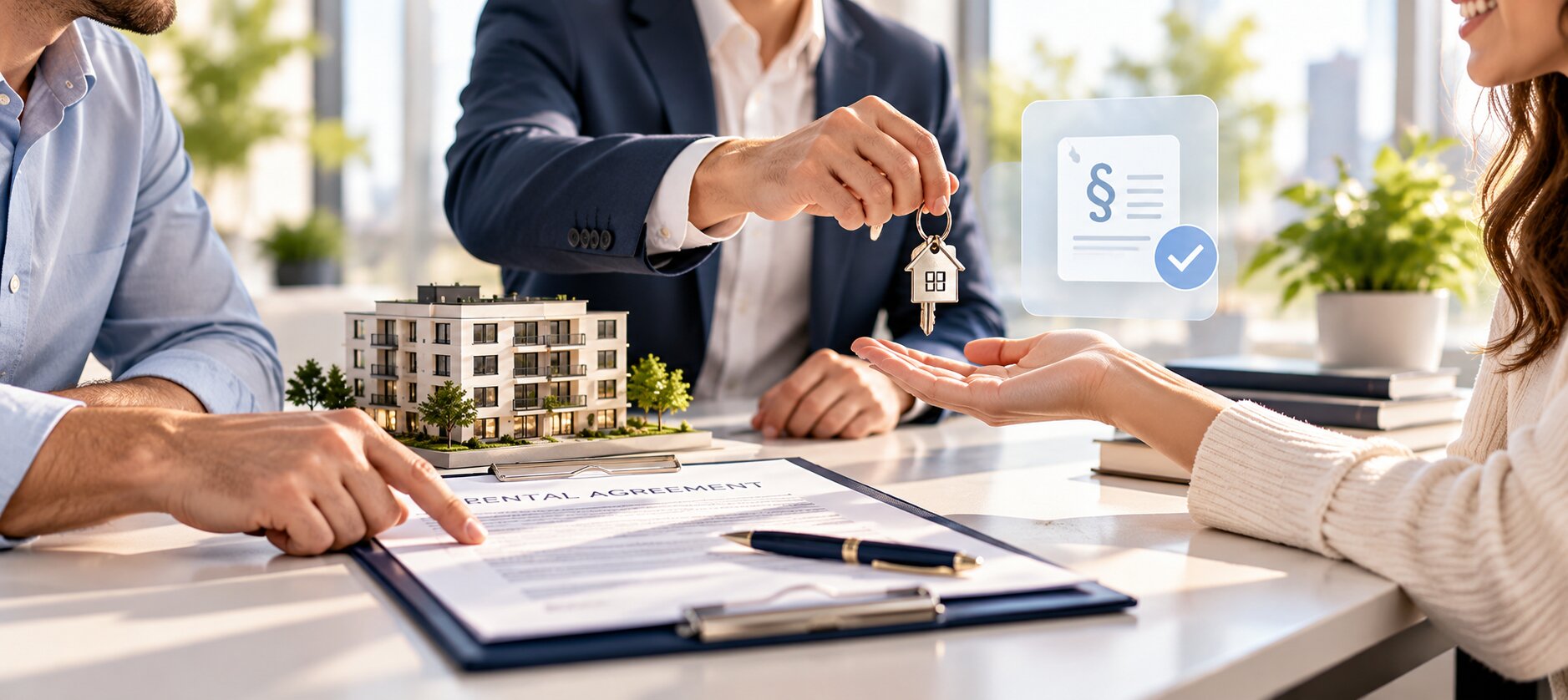 Real estate agent handing over house keys during an Austrian rental agreement signing.