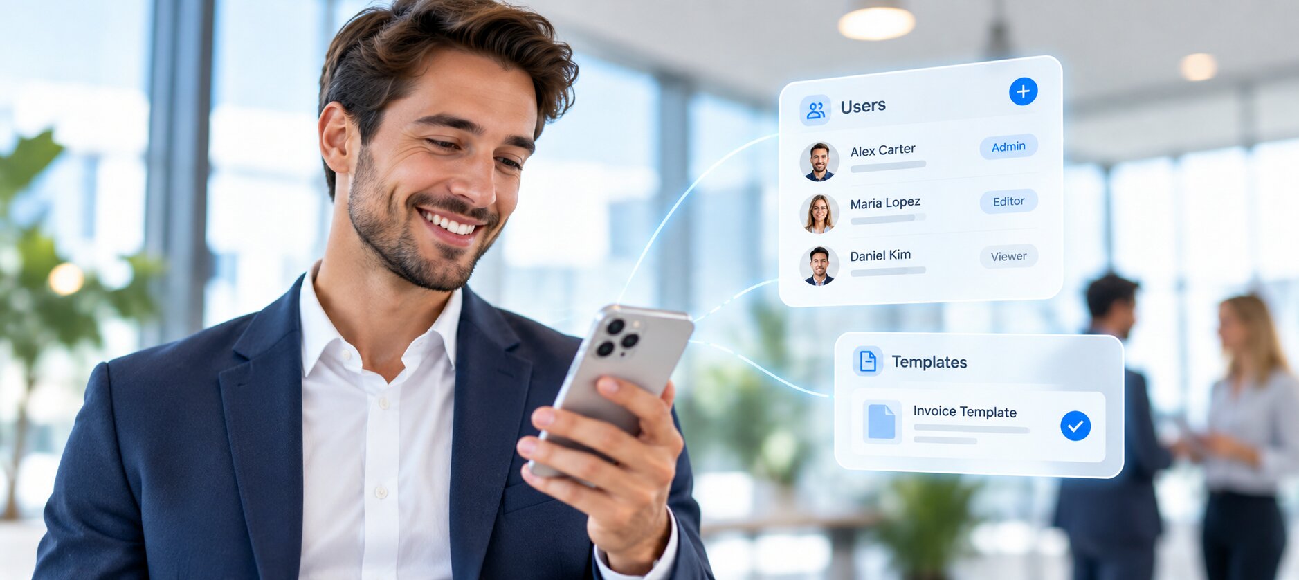 Professional using a smartphone with FINcredible WebApp user management and template interfaces.