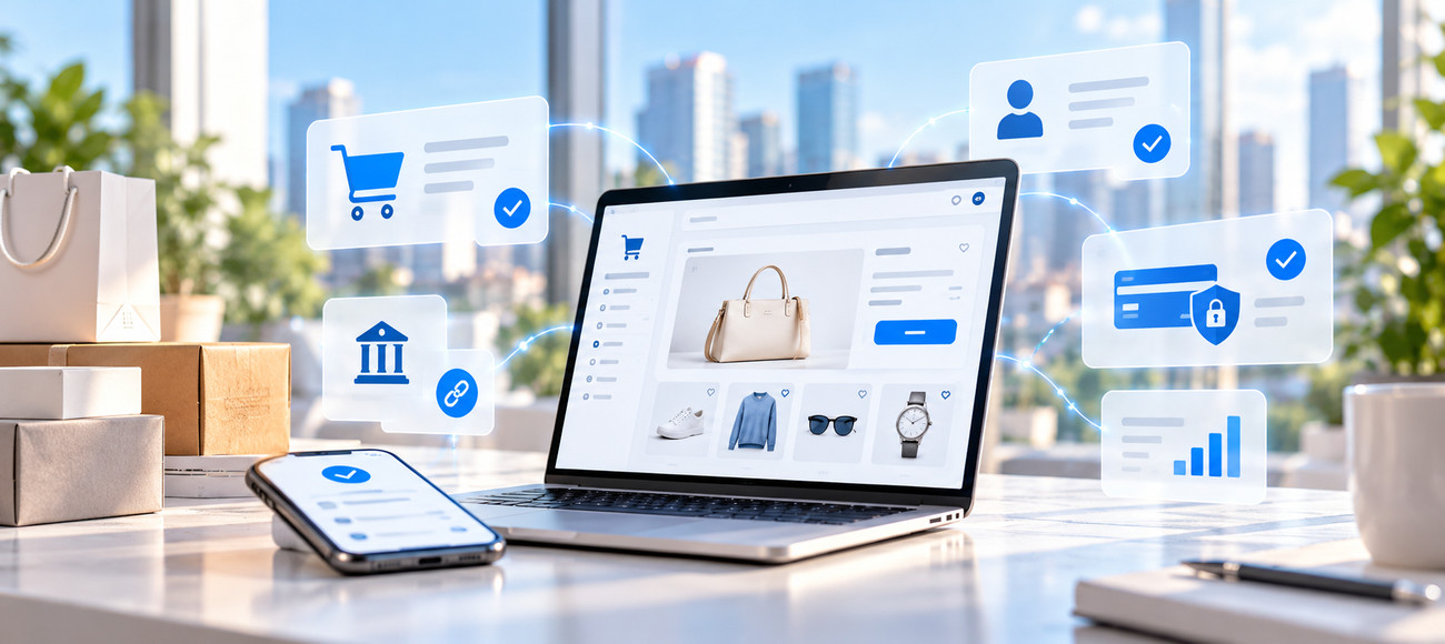 E-commerce website on a laptop with shopping, bank payment and customer verification icons.