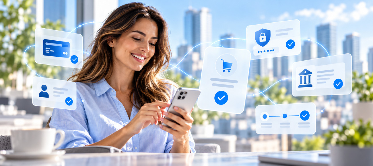 Woman using mobile banking with secure payments, customer authentication and PSD3 icons.
