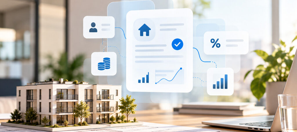 Residential building model with digital financial records, payment data and debt management indicators.