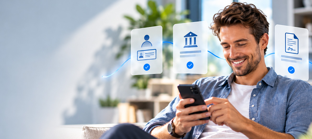 Man using a smartphone with digital identity verification, banking and document signing icons.