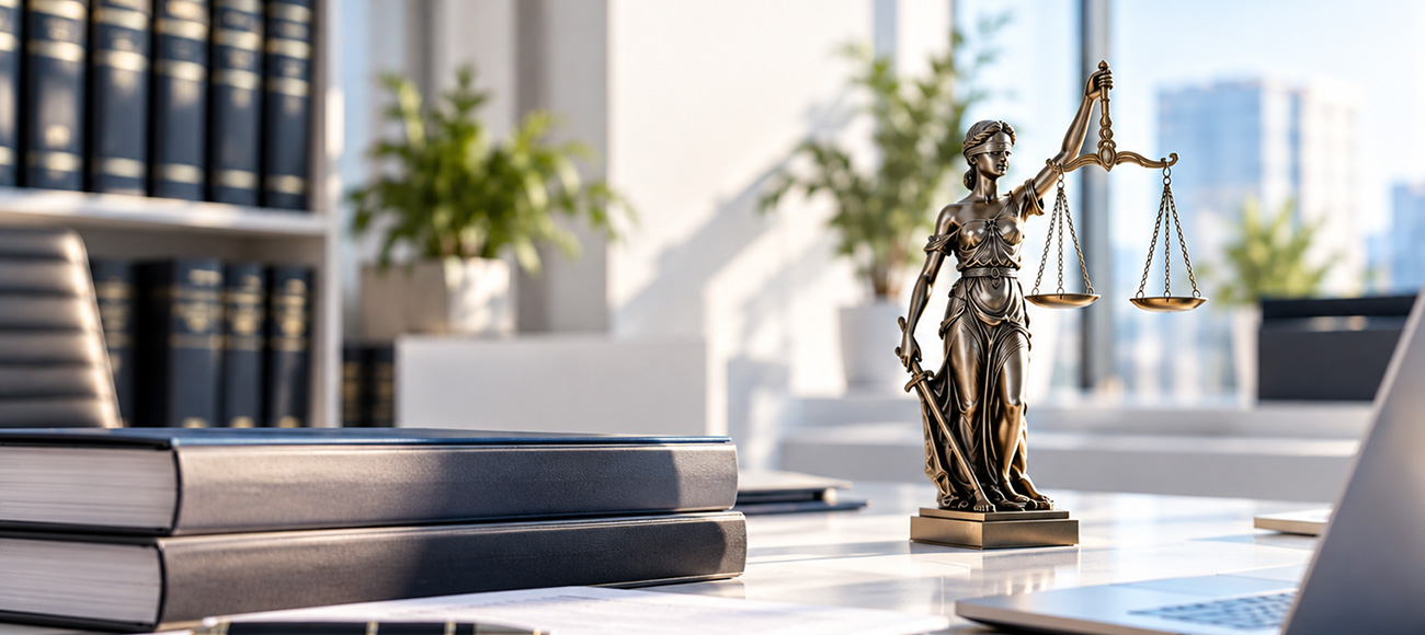 Lady Justice statue with scales beside legal books and a laptop in a law office.