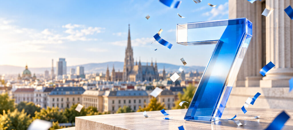 Large blue number seven with confetti overlooking Vienna, marking seven years of open banking.