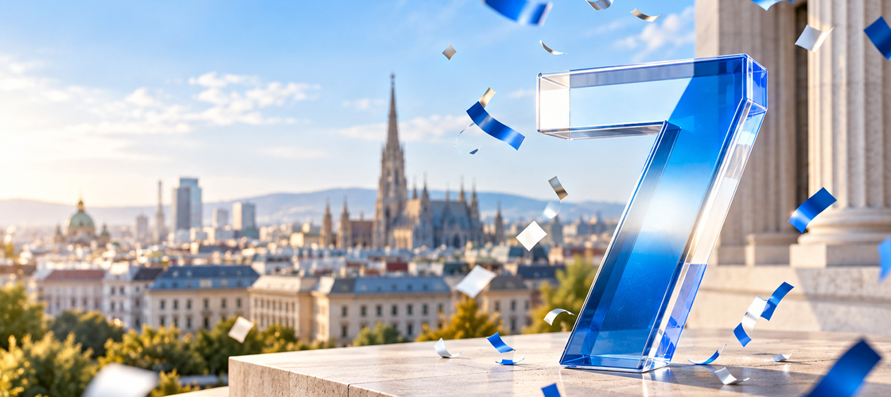 Large blue number seven with confetti overlooking Vienna, marking seven years of open banking.