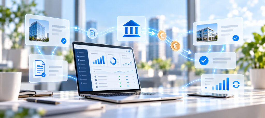 Digital mortgage lending dashboard with property financing data and loan approval indicators.