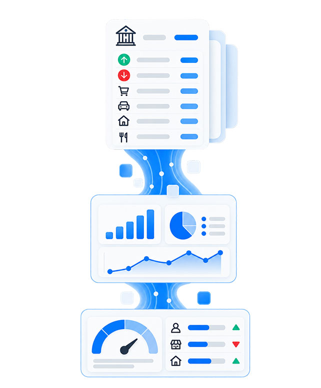 Financial data analytics illustration with transaction categories, performance charts and credit insights.