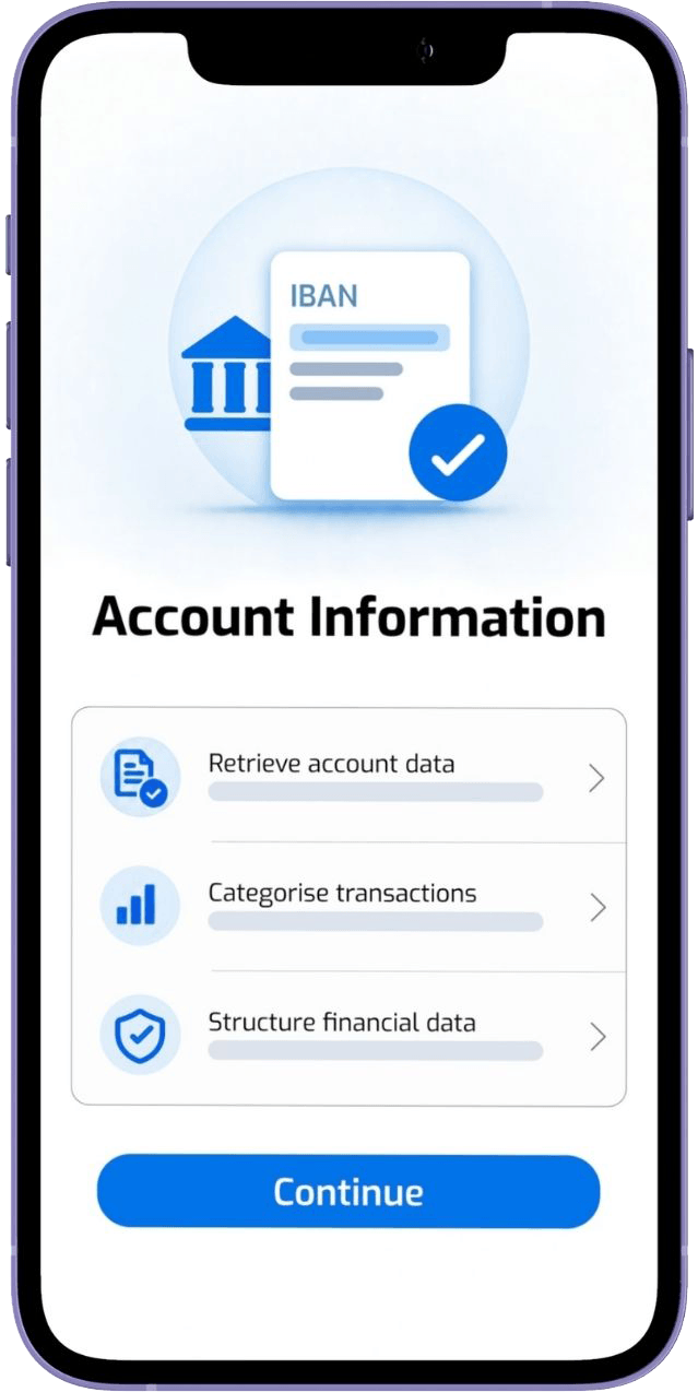 FINcredible Account Information mobile interface for retrieving bank account data and analysing transactions.
