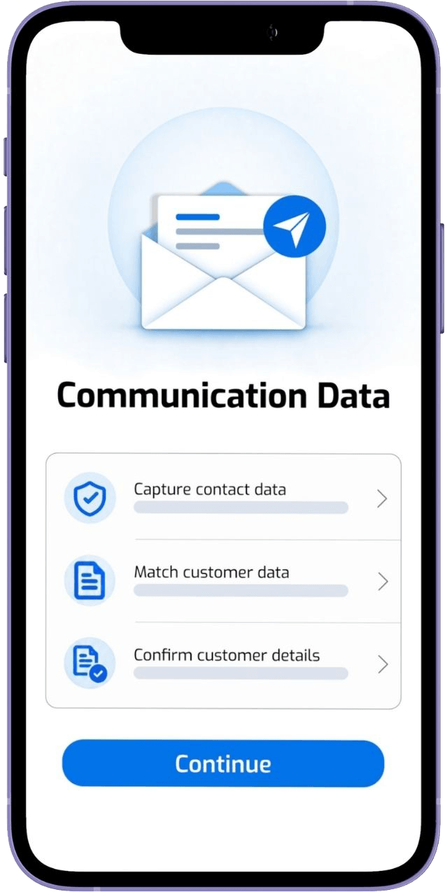 FINcredible Communication Data mobile interface for capturing and confirming customer contact details.