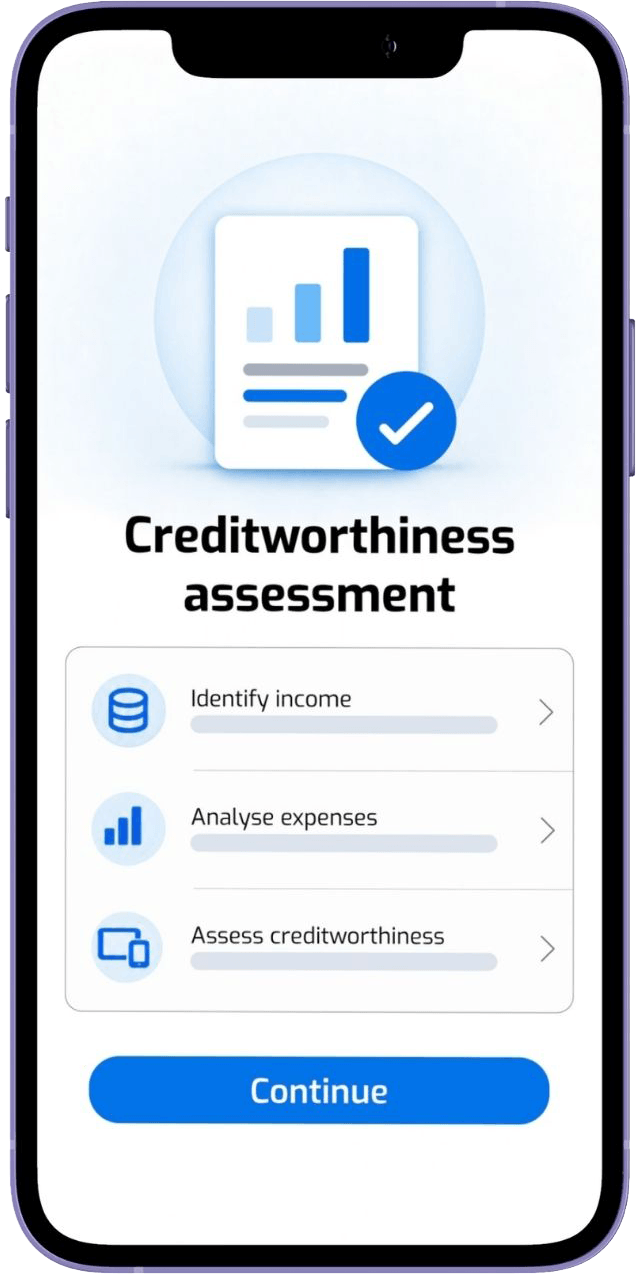 FINcredible Creditworthiness Assessment interface for income, expenses and financial verification.