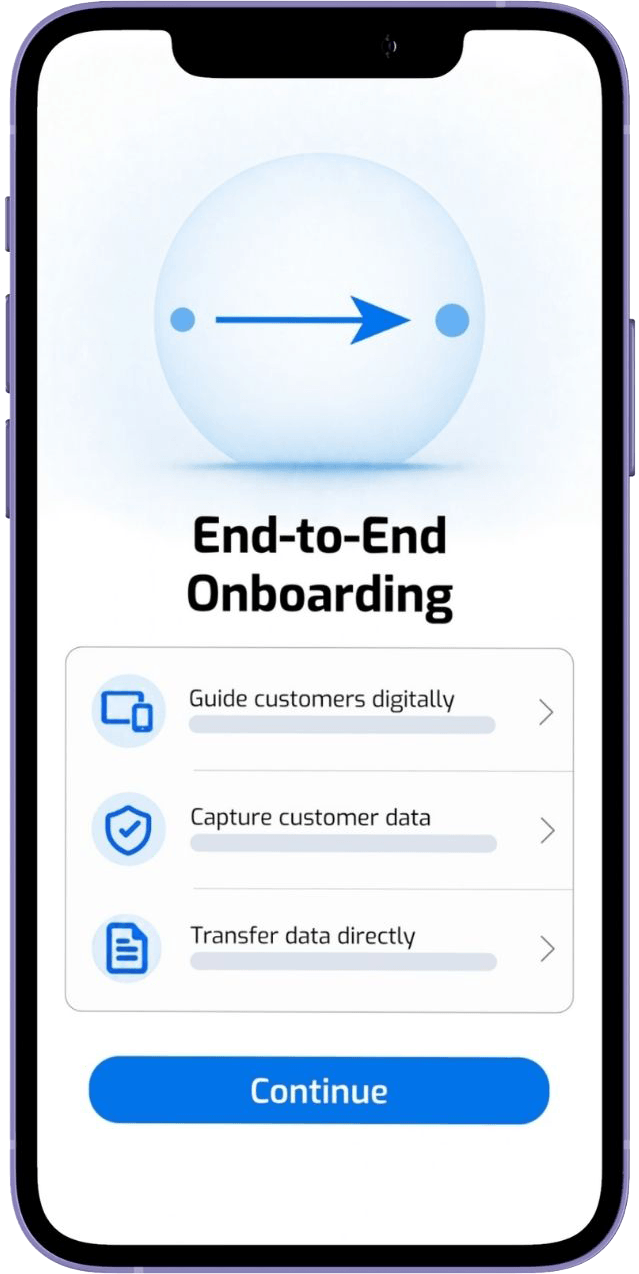 FINcredible End-to-End Onboarding mobile interface for digital customer data collection and transfer.