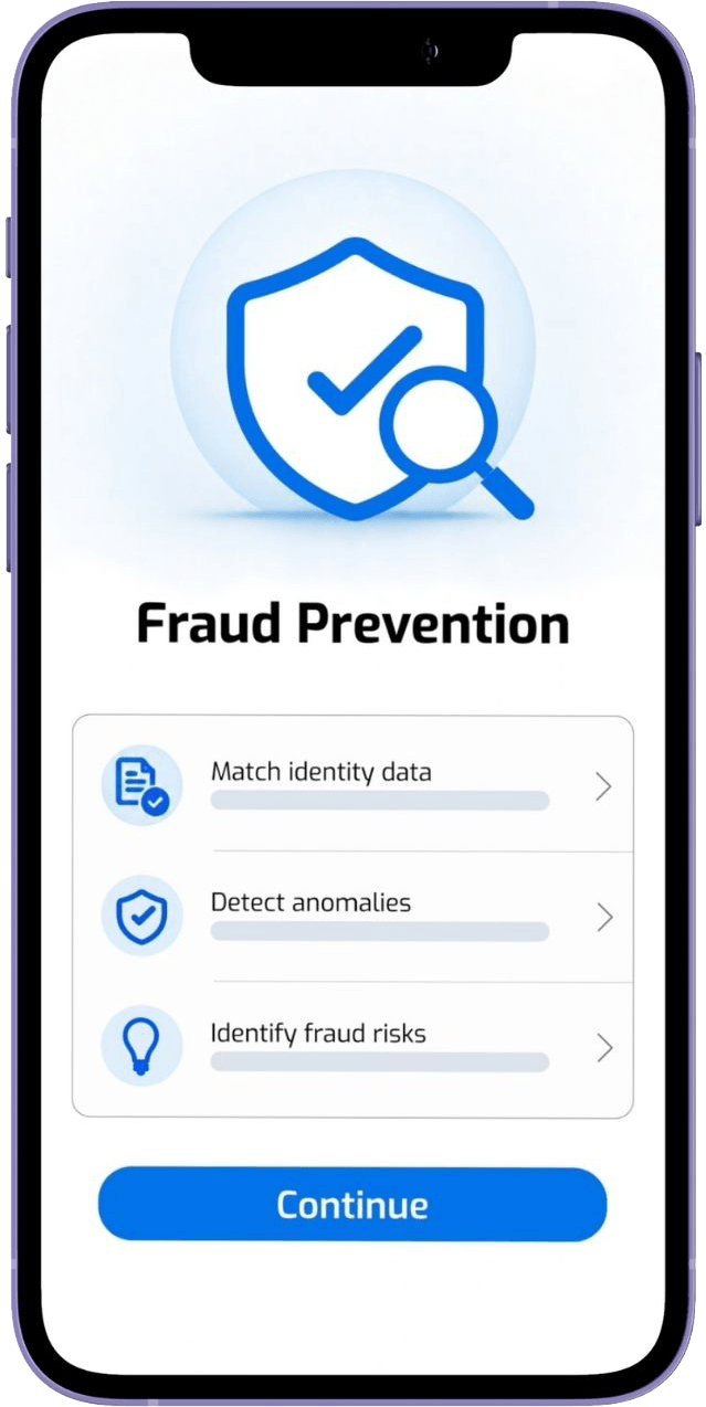 FINcredible Fraud Prevention mobile interface for identity matching, anomaly detection and fraud risk assessment.