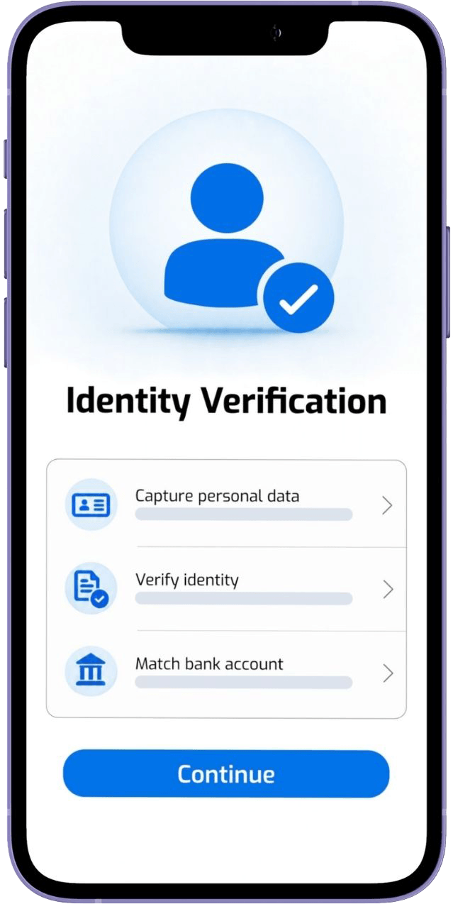 FINcredible Identity Verification interface for checking personal identity and bank account ownership.
