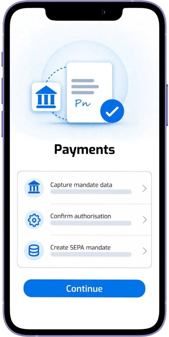 FINcredible Payments interface for bank authorisation and SEPA payment mandates.