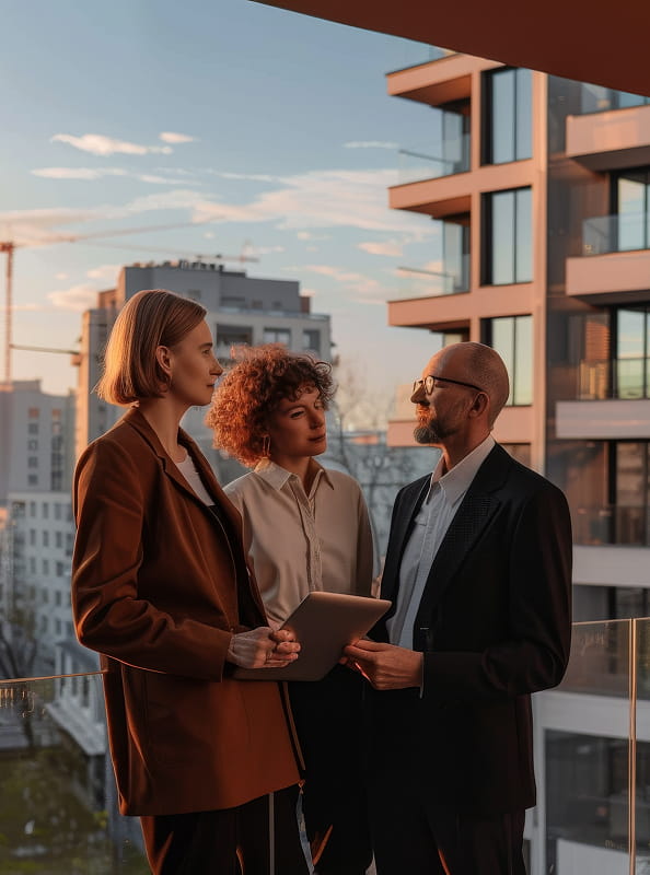 Real estate professionals discussing a residential property development.