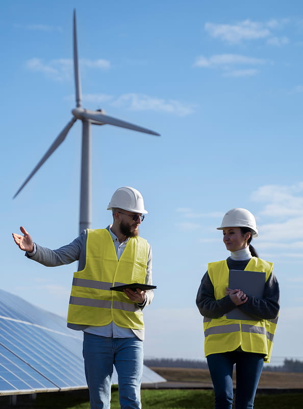 Renewable energy engineers inspecting wind turbines and solar panels at a power generation site.