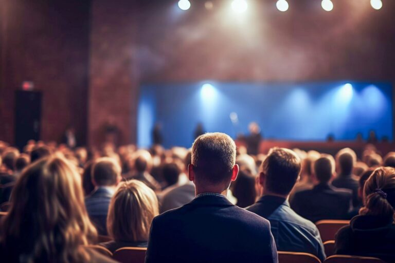 Audience attending a conference presentation in an auditorium.