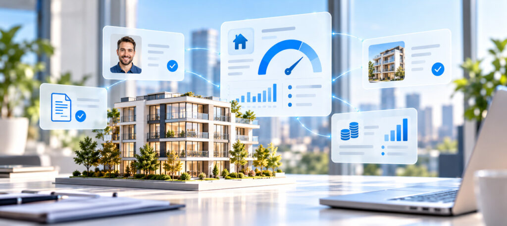 Residential property model surrounded by digital tenant creditworthiness and financial assessment indicators.