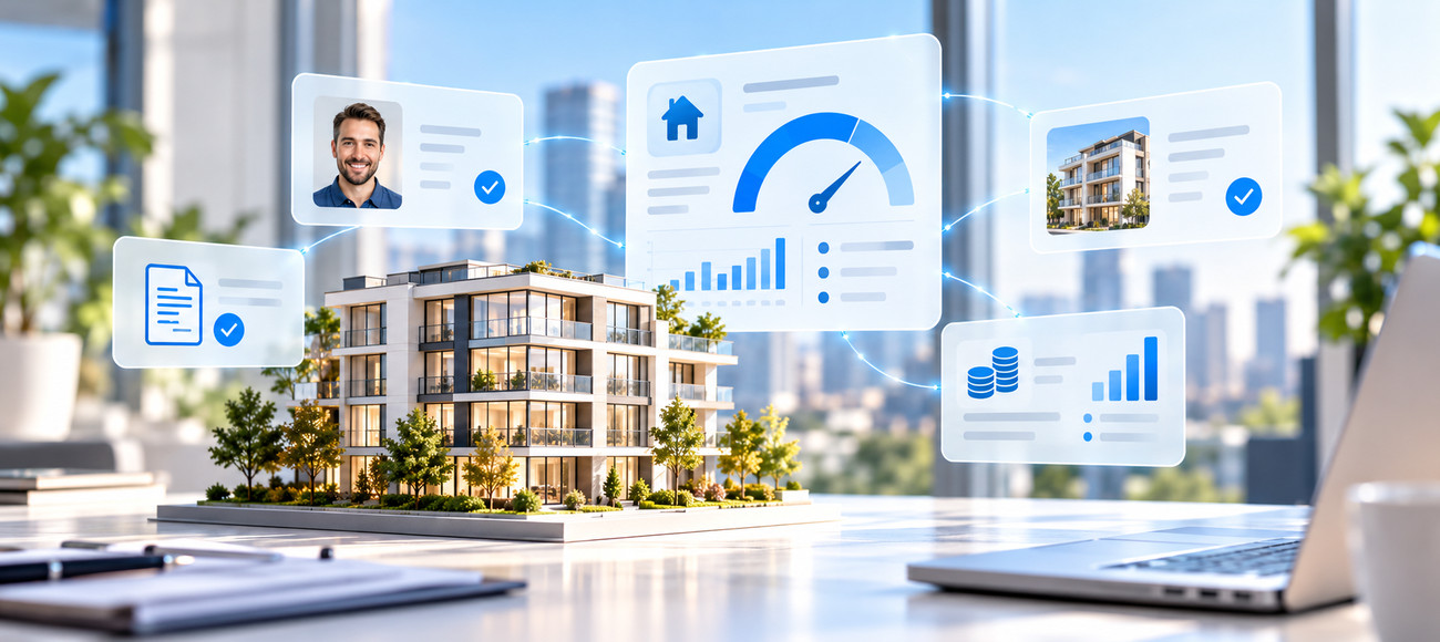 Residential property model surrounded by digital tenant creditworthiness and financial assessment indicators.