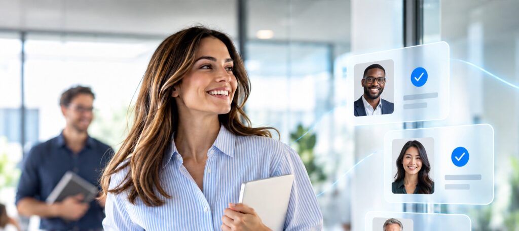 Professional woman with employee verification profile cards in a modern office.